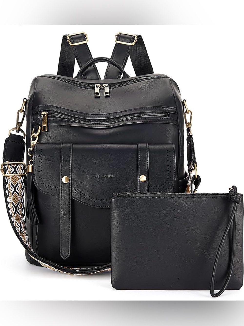 Black Leather Convertible Backpack Purse with Wristlet - Missnine